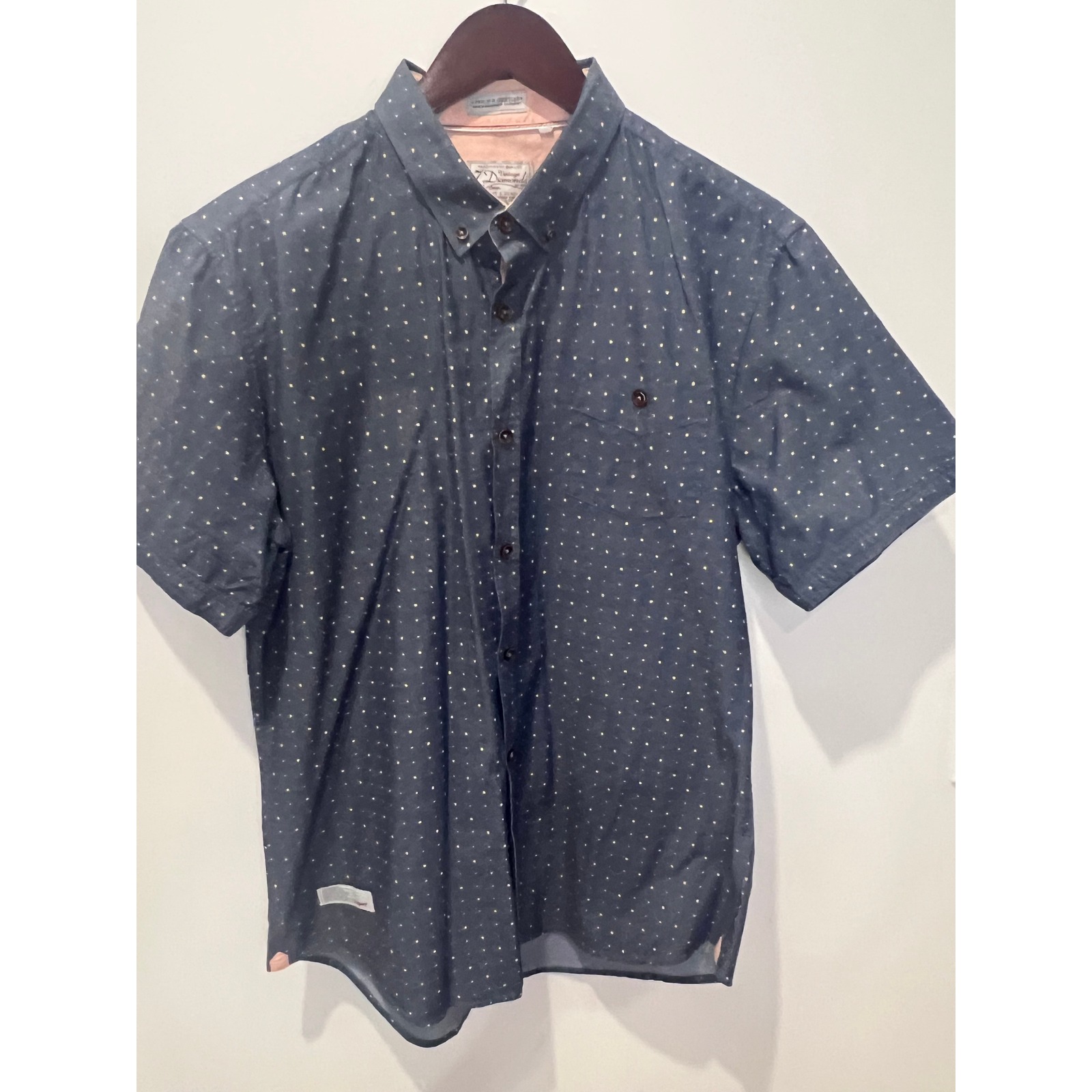 7 Diamonds Vintage Mens Blue Geometric Print Short Sleeve Button Down Shirt